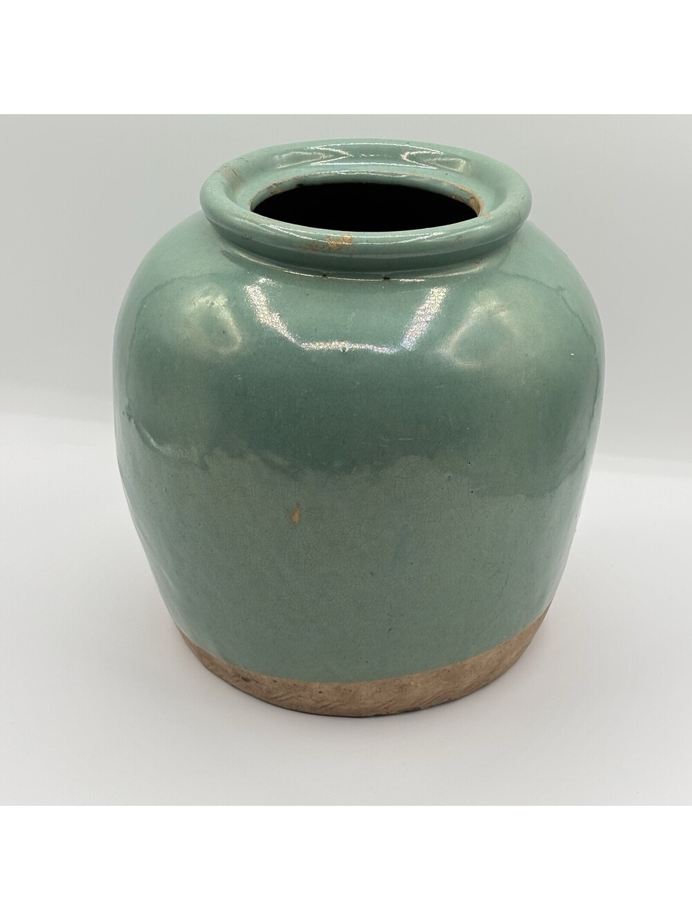 Early 20th Century Chinese Sage Green Crackle Glaze Stoneware Jar 8.4" Marked